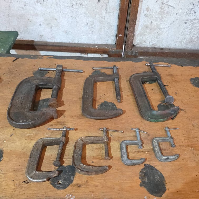 (7) Assorted C Clamps Including Cincinnati Tool, Bemis & Cottin, Adjustable Cast Iron