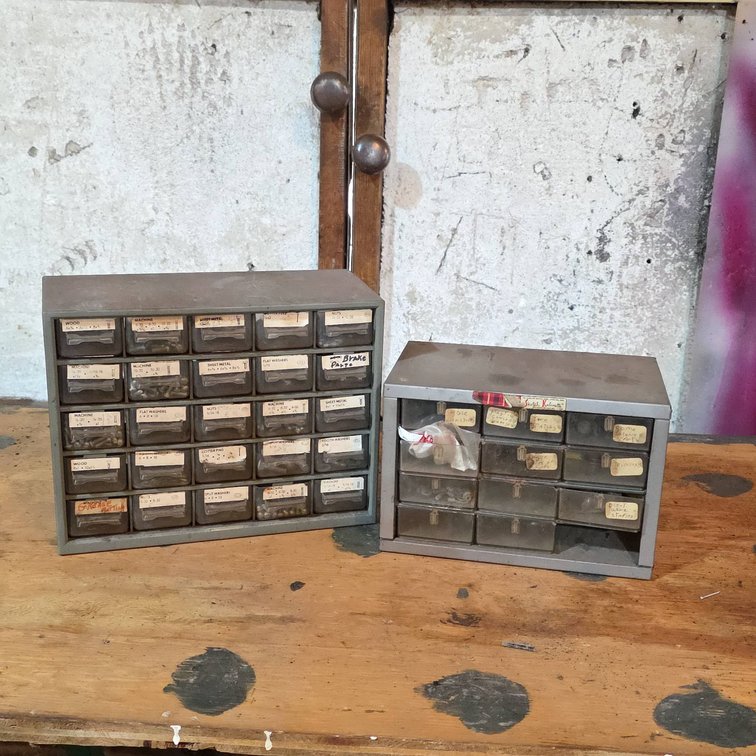 Two Vintage Metal Drawer Parts Cabinets With Small Hardware Fittings and Fasteners