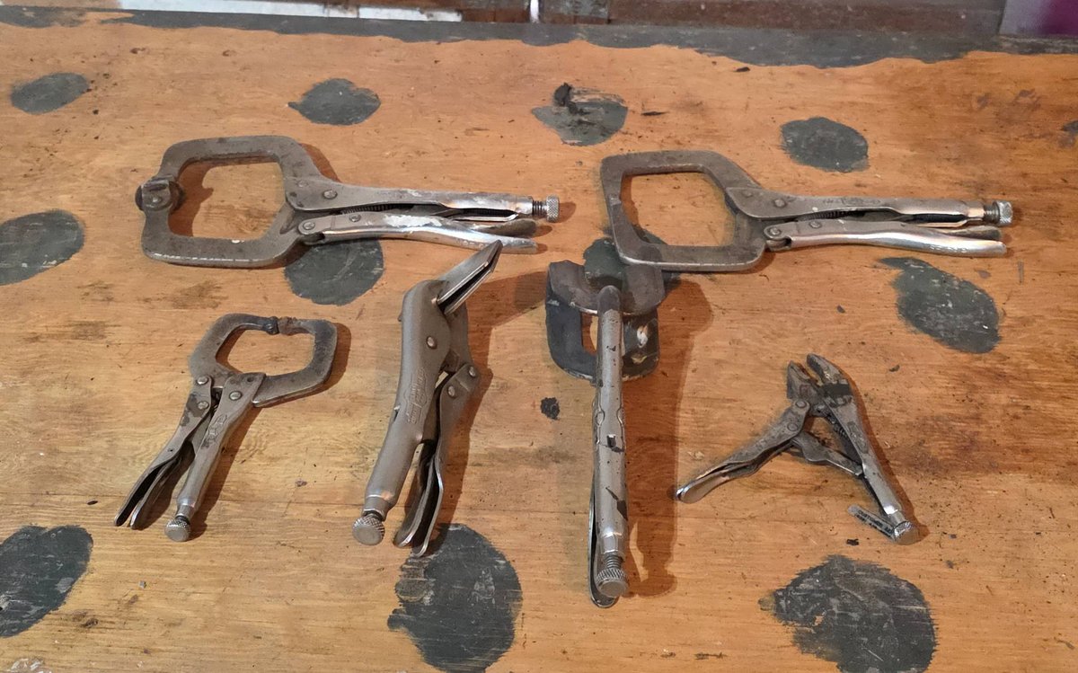 Six Vise-Grip Locking Pliers and Clamps, Mixed Styles Including C-Clamp and Regular Jaw Types