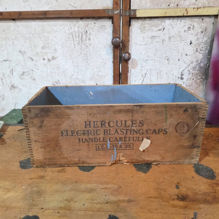 Hercules Electric Blasting Caps Wooden Box With Blue Interior, Stenciled Graphics, and Side Illustration