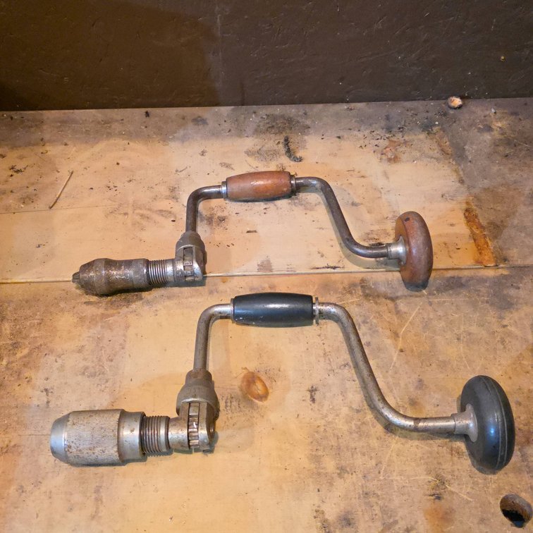 (2) Vintage Hand Brace Drills with Wooden and Metal Handles