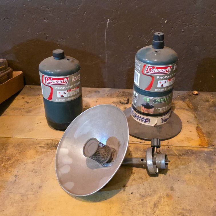 Coleman Propane Cylinders (2) Mostly Full With Heater Attachment