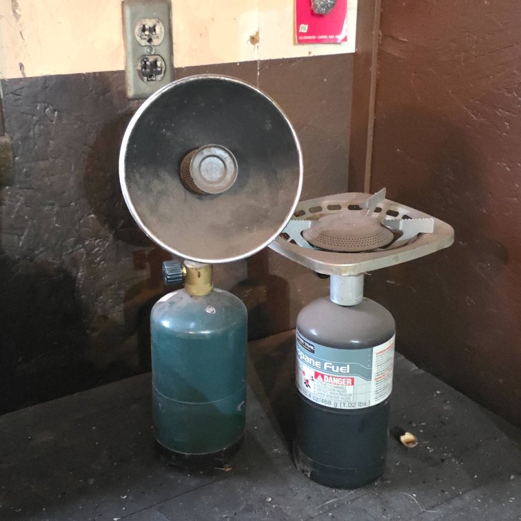 Ozark Trail Propane Camp Stove With Burner and Metal Heater With (2) Partial Cylinders of Propane