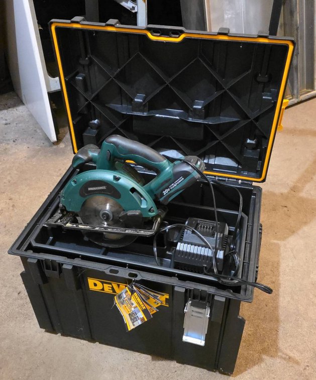 DeWalt ToughSystem Wheeled Carrying Case with Missing Latch, Master Force 20V Cordless Circular Saw, Battery Charger