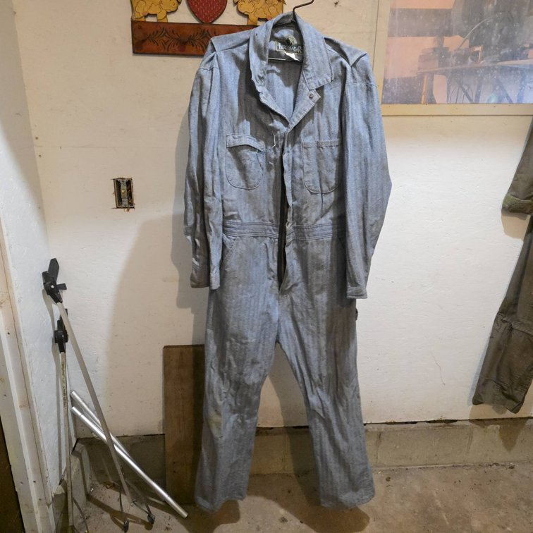 BurcoWear 44S Coveralls Made in USA 100% Cotton Blue Herringbone Workwear Signs of Use