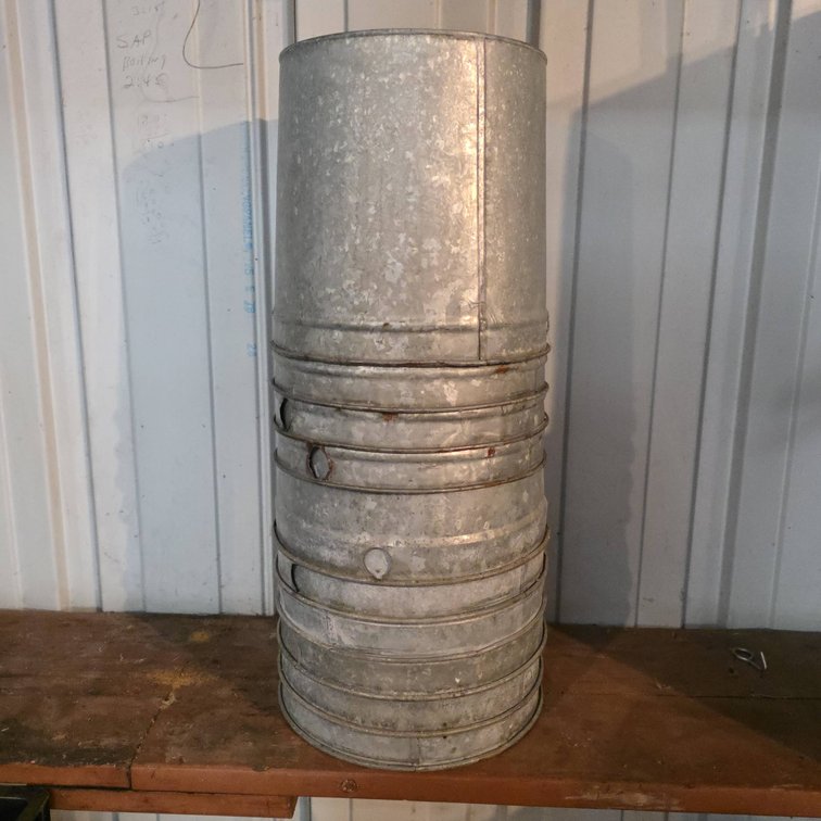 Stack of 10 Galvanized Metal Maple Syrup Pails with Loops for Rope or Handle, Industrial Utility Use, Variations Possible
