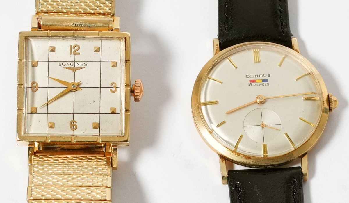 WW lot (2) Swiss & American manual wind models in 14K, both run
