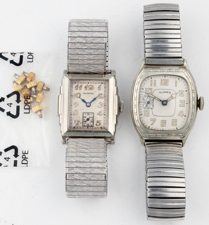 WW lot (2) Illinois manual wind models, both run & (9) Rolex crowns