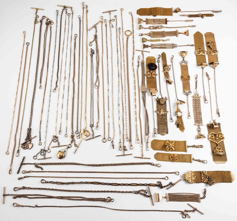 Large assortment of gold-filled PW chains and chatelaines