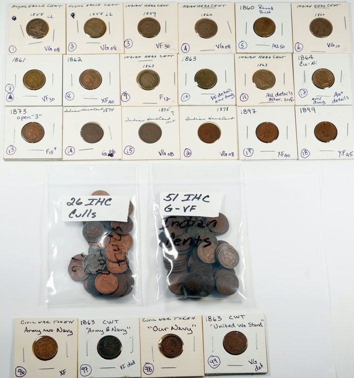 US coin lot (99) Flying Eagle cents, Indian Head cents & Civil War tokens