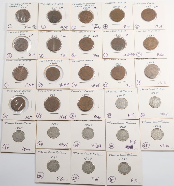 US coin lot (28) Two-cent coppers & Three-cent nickels