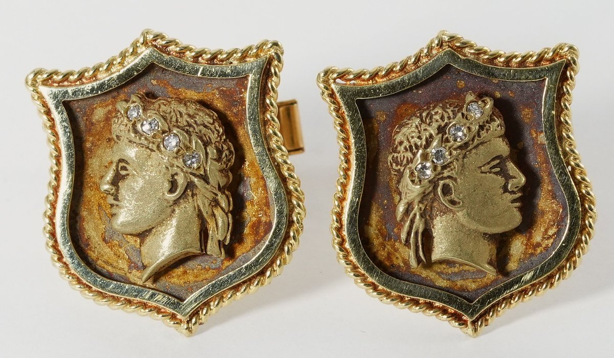 Diamond & 14K yellow gold cufflinks with Roman style motif