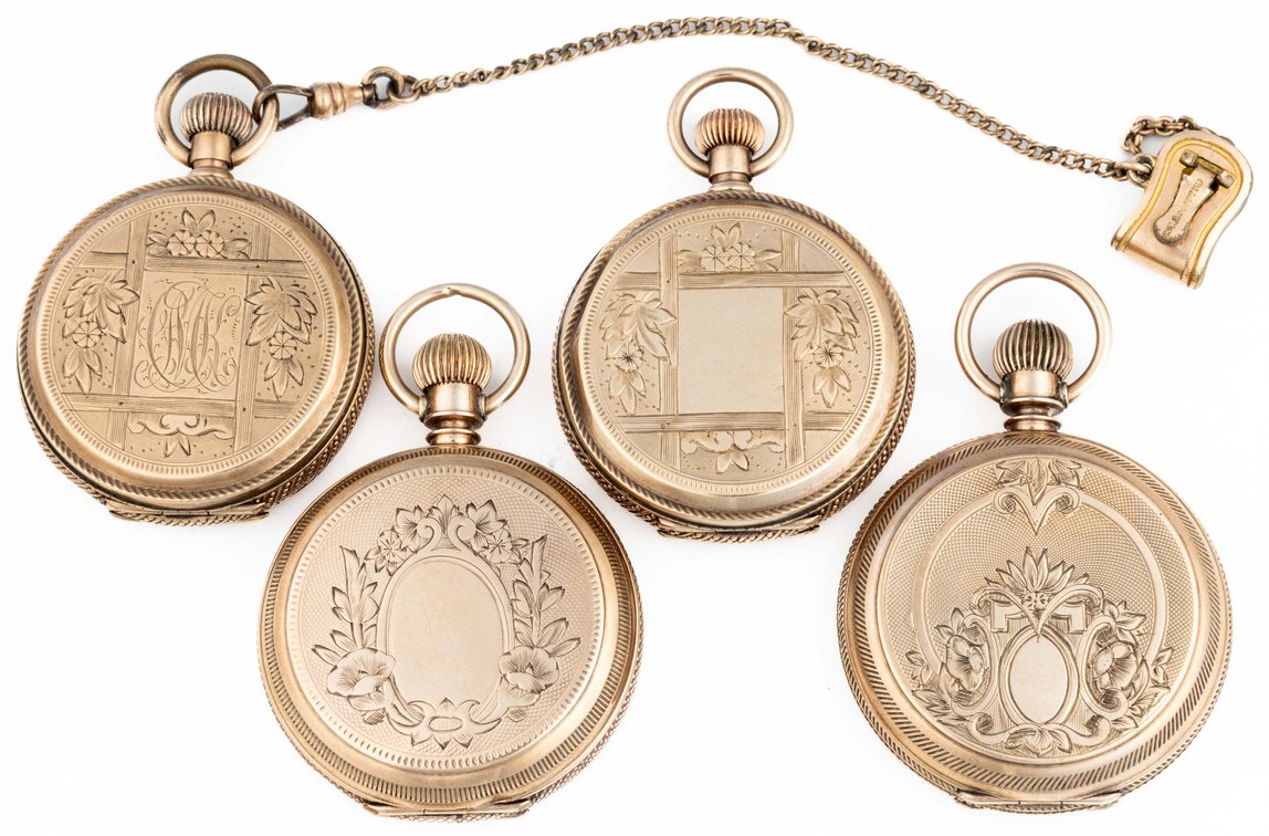 LPW lot (4) Pendant watches, 8-10K gold drum style HC, two run