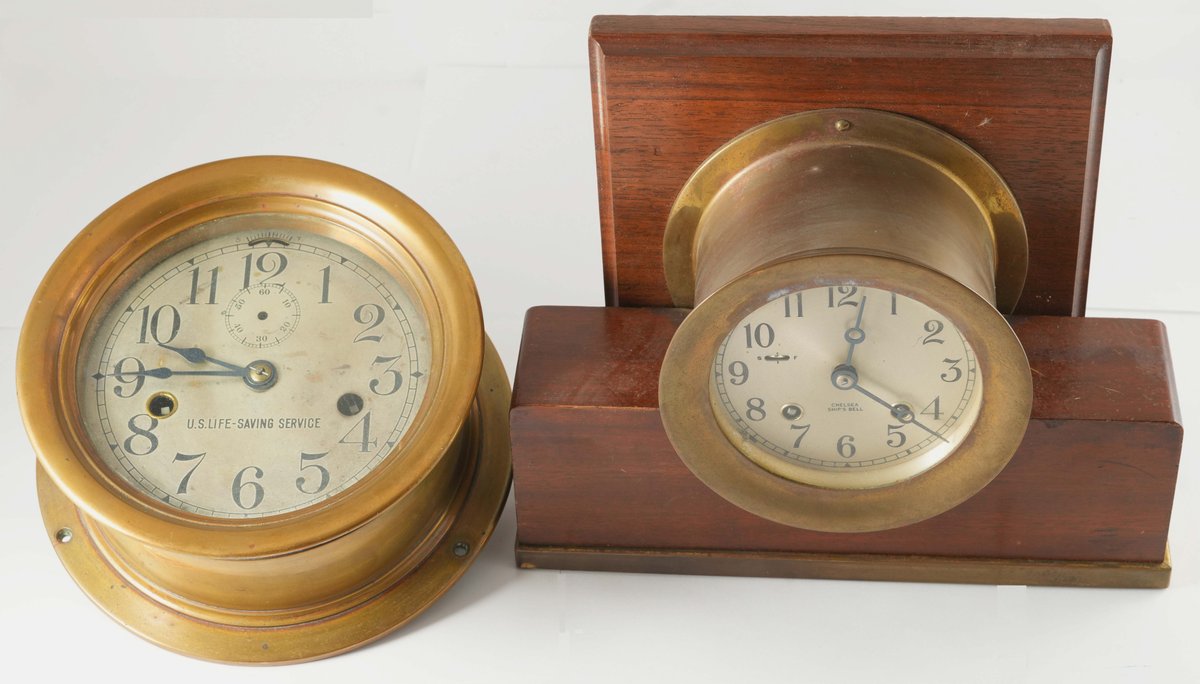 Clock lot (2) Maritime style clocks, brass cases, one runs