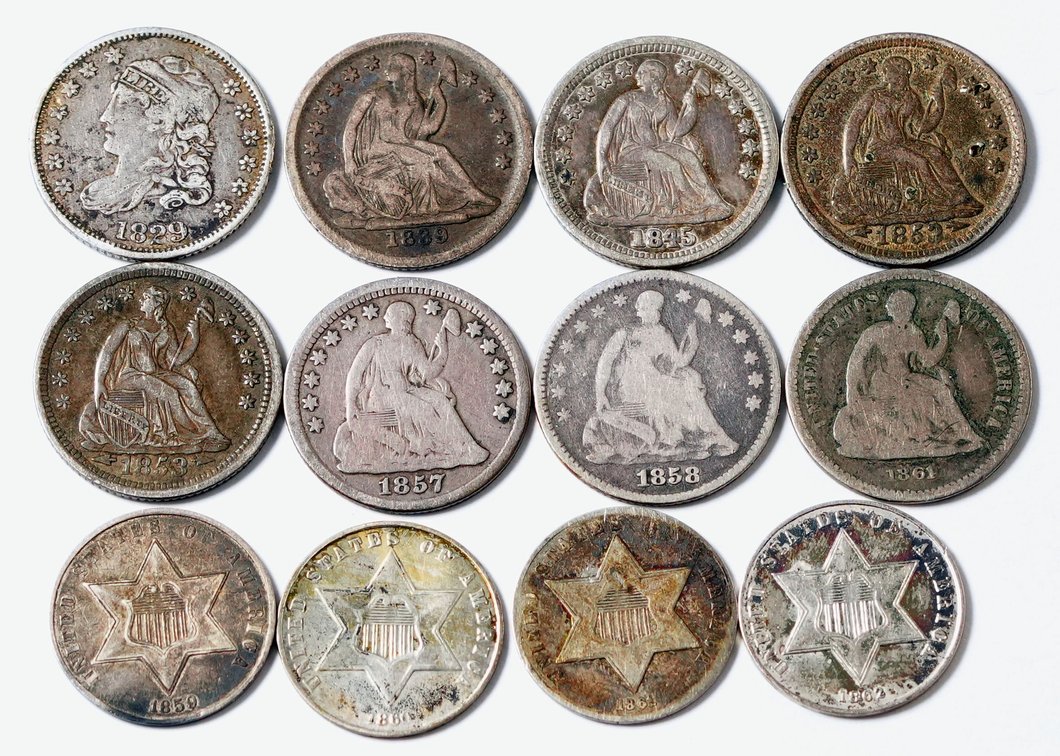 US coin lot (12) Silver Half Dimes and 3-Cent Pieces