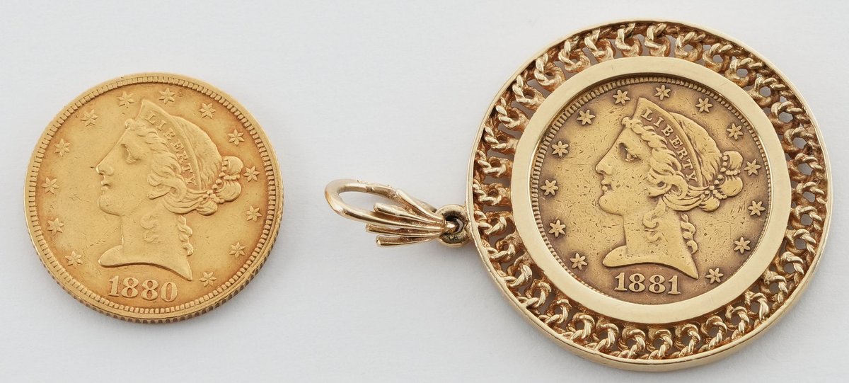 US coin lot (2) $5 Liberty Head Gold, 1880 and 1881
