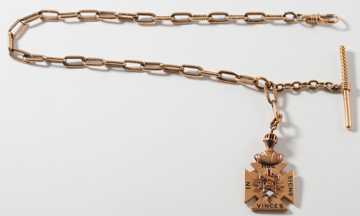 14K gold watch chain w/ T-bar and Masonic Knights Templar fob