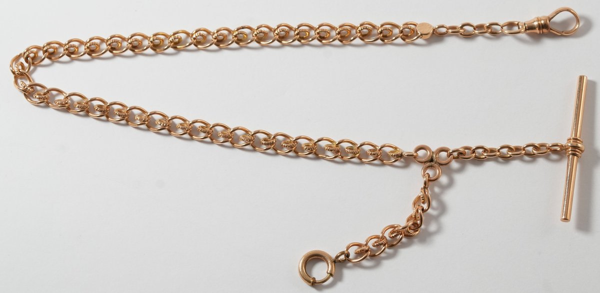 14K gold fancy link watch chain w/T-bar