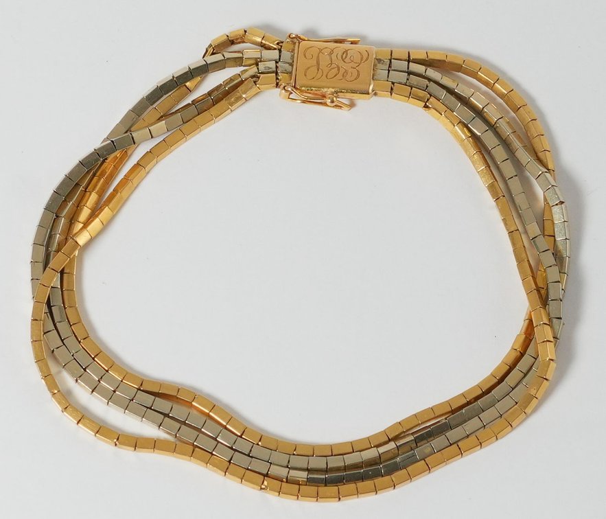 18K multi color gold bracelet in white and yellow gold, double safety 8's