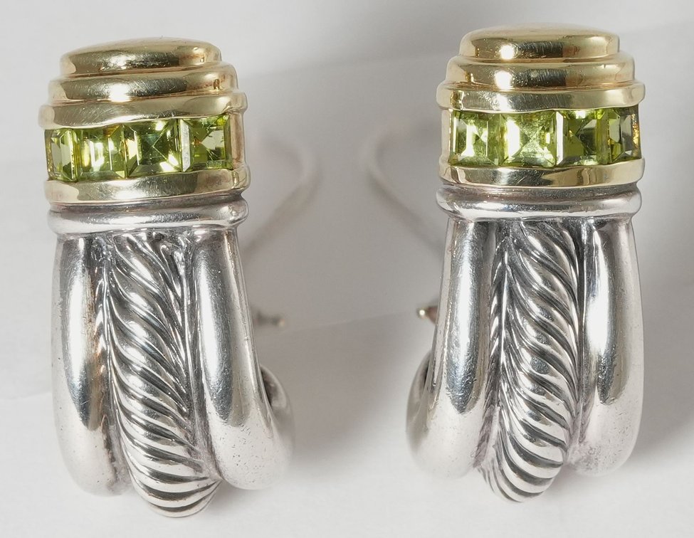 14K & sterling silver two-tone David Yurman cable hoop peridot earrings