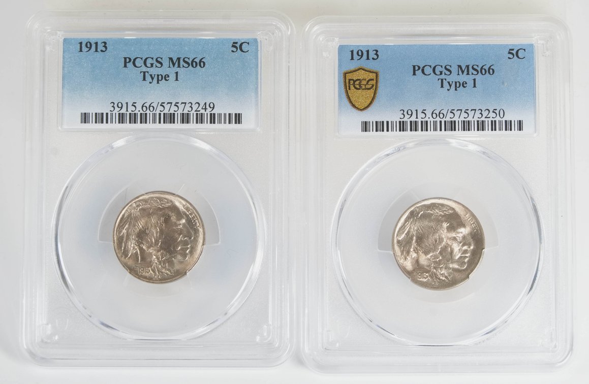 US coin lot (2) Buffalo nickels, 1913 type 1, PCGS MS66