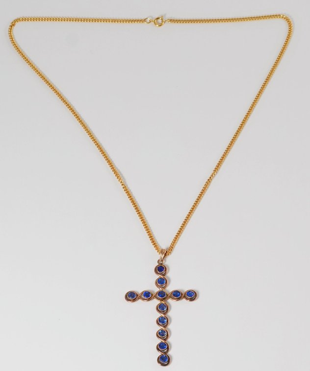 Sapphire & 14K gold cross on gold filled chain