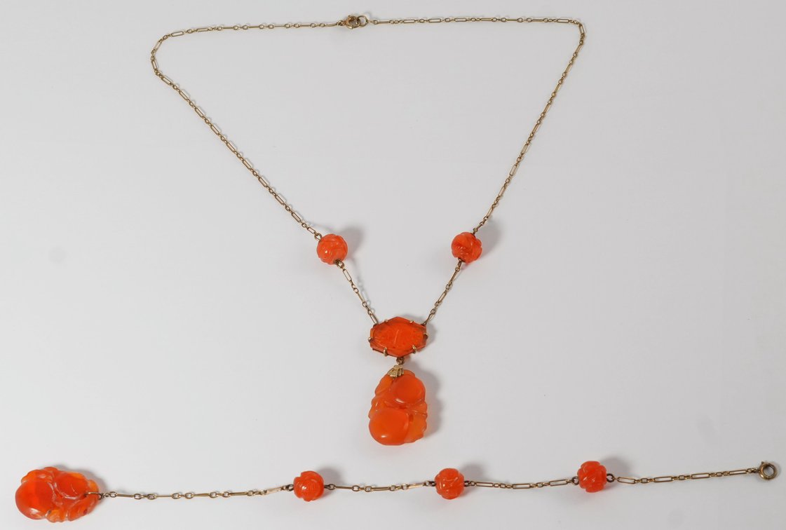 Carved stone & 14K gold necklace