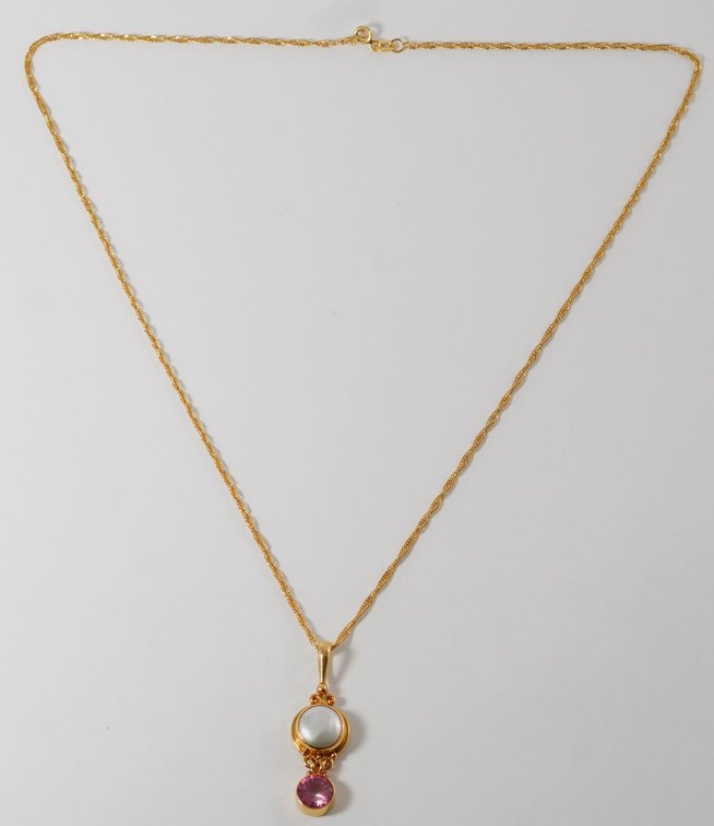Pearl, stone & 18K yellow gold drop pendant on a 14K chain