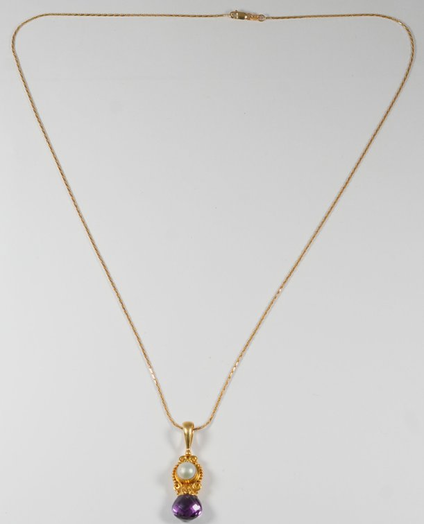 Amethyst, pearl & 18K yellow gold pendant on a 14K chain