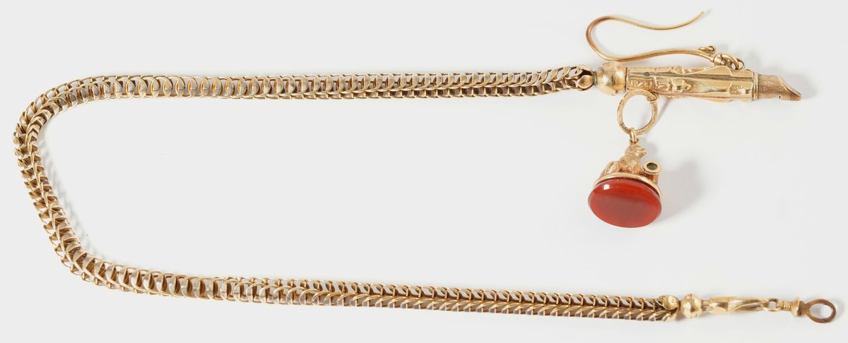 Whistle with chain and carnelian seal dog fob in 14K