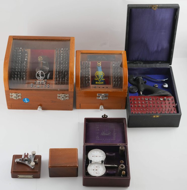 Lot (5) Watchmaker's tools with storage boxes