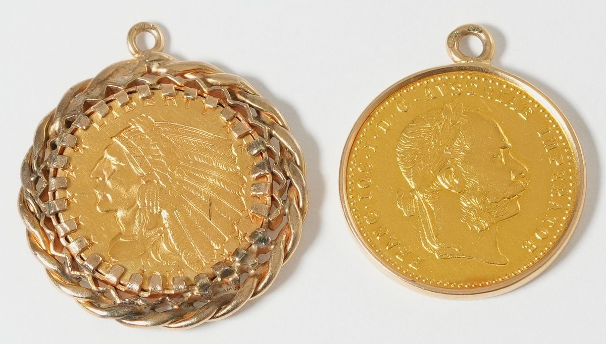 Lot (2) Gold coin jewelry w/US and Austrian coins