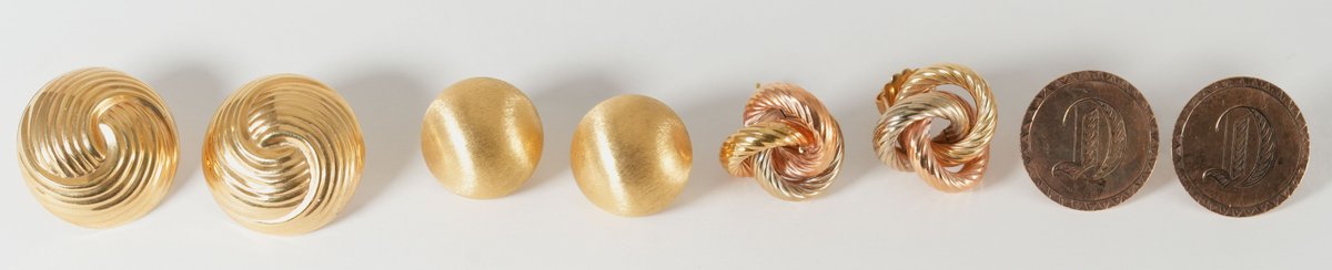 Jewelry lot (4) Sets of gold earrings, materials include 18K, 14K & 10K gold