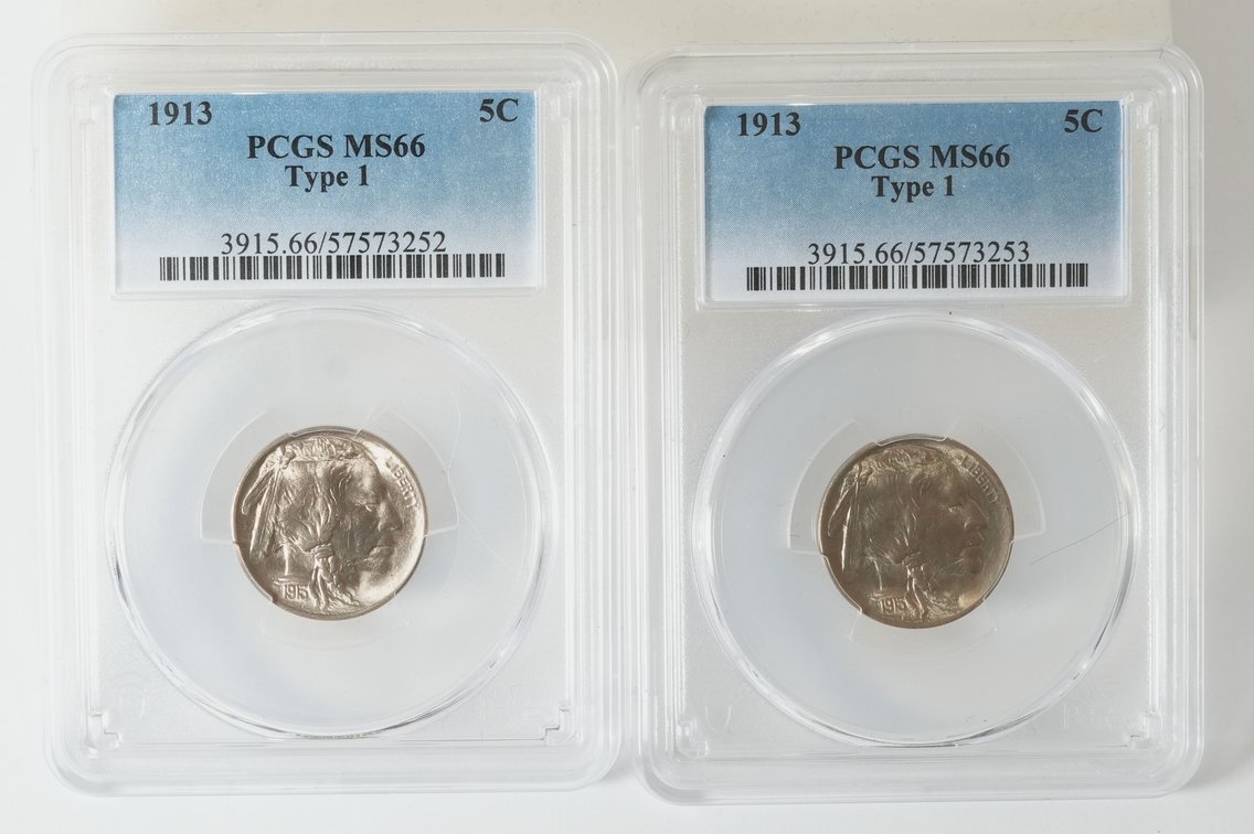 US coin lot (2) Buffalo nickels, 1913 Type 1, PCGS MS66