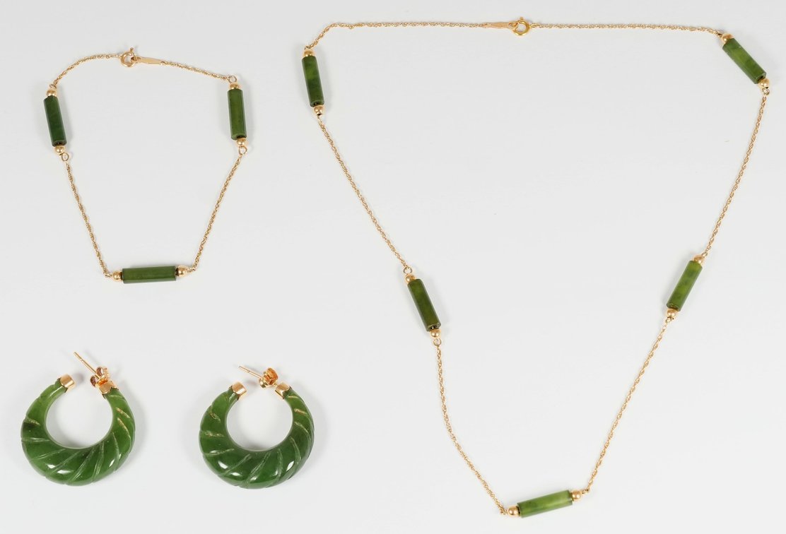 Jade & 14K yellow gold suite including a bracelet, necklace & earrings