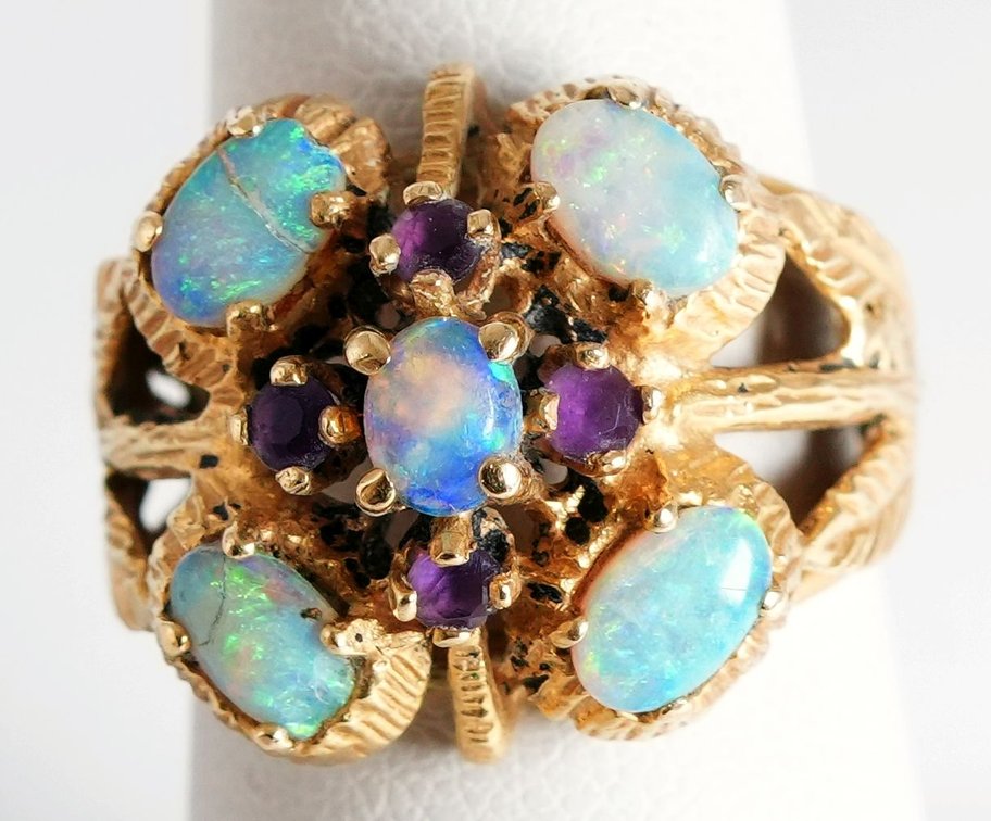 Opal, amethyst & 14K yellow gold cluster ring
