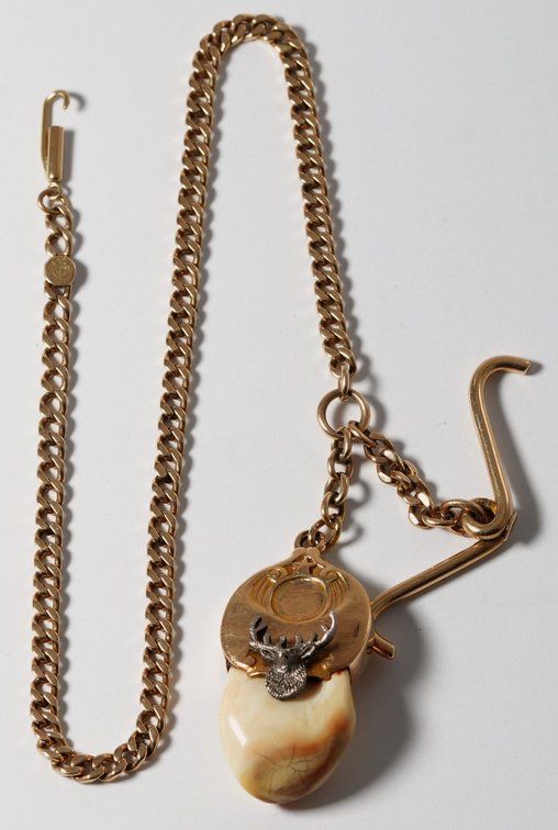 14K yellow gold watch chain with curved T-bar and elk's fob
