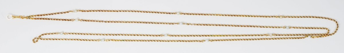 14K yellow gold pendant watch chain with pearl accents