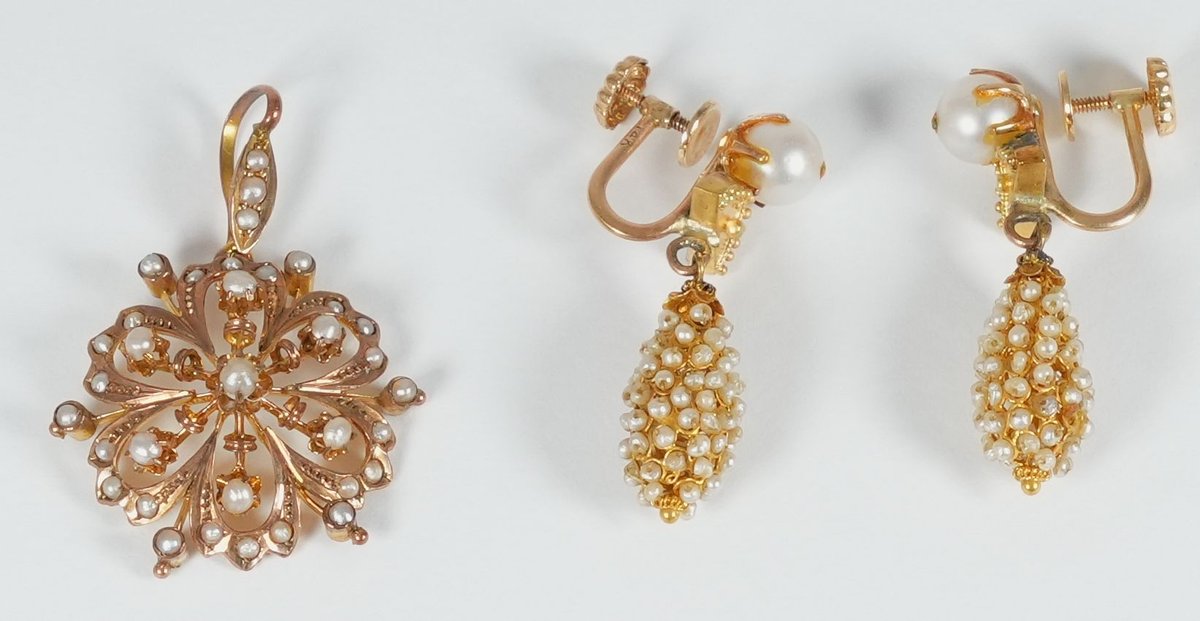Pearl and gold earring & pendant suite in 14K & 9K gold