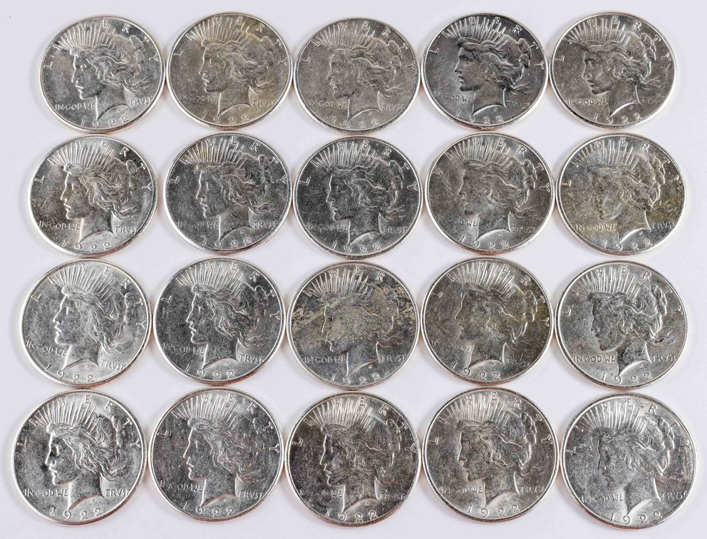 US coin lot (20) Peace silver dollars, 1922-S