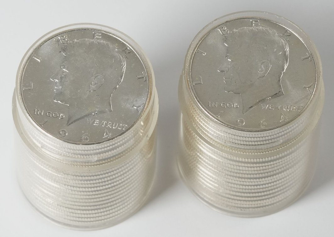 US Silver coin lot (2) Rolls of Kennedy 50c, 1964