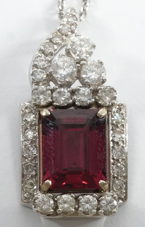 Garnet, diamond & 14K white gold pendant with matching 14K white gold chain