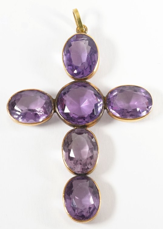 Amethyst & 14K yellow gold cross with oval bail