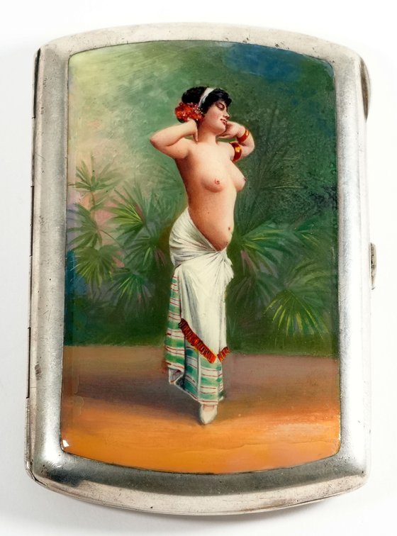 Enameled portrait cigarette case in silver