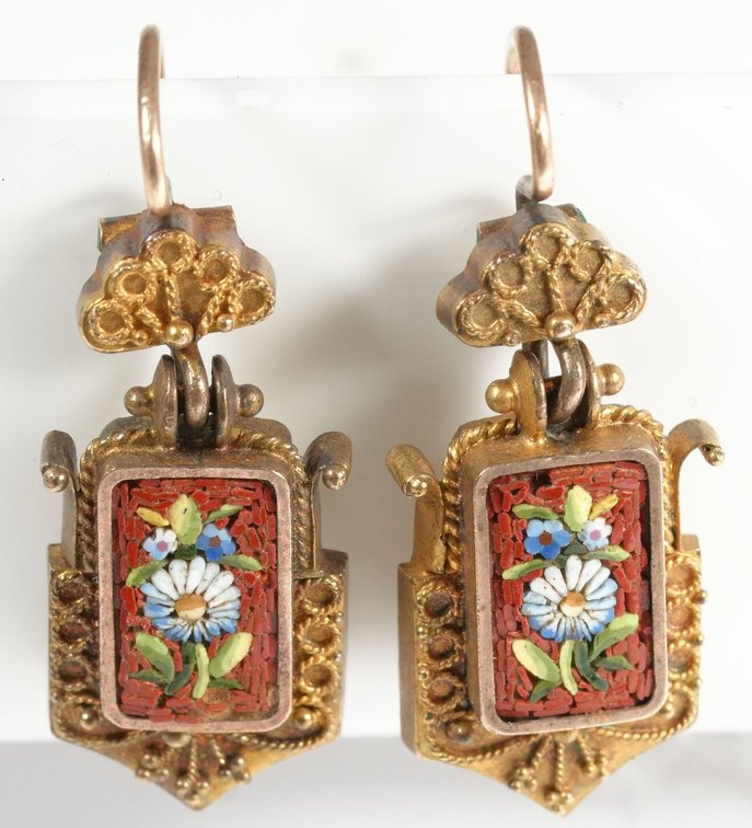Micromosaic & 10K gold Etruscan style earrings