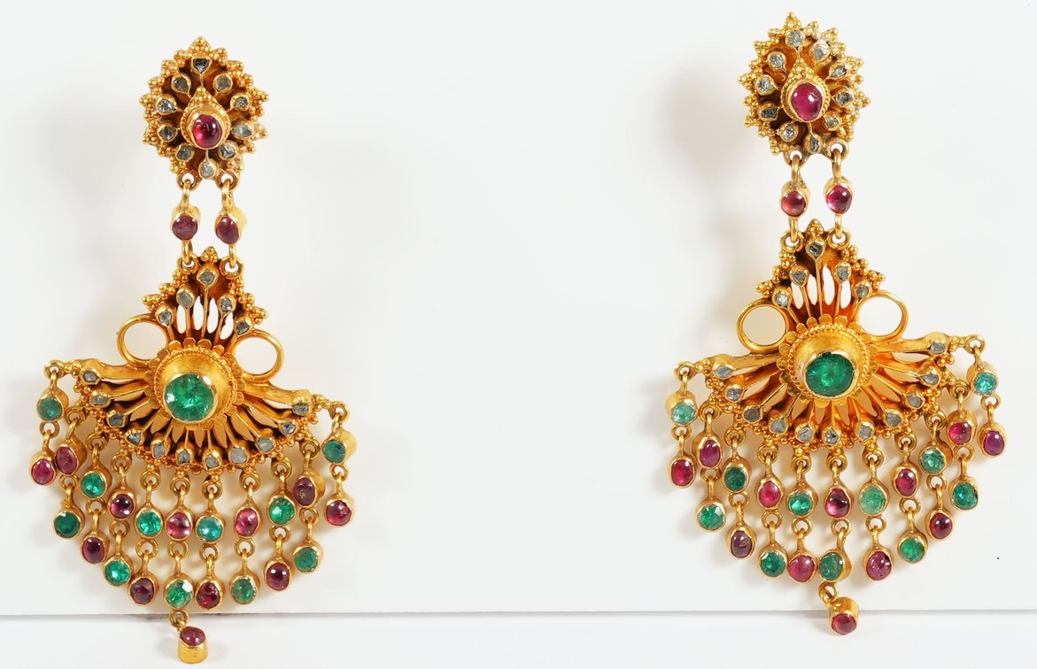 Emerald, diamond, ruby & 22K yellow gold dangle earrings