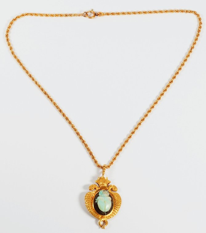 Carved opal scarab & 18K yellow gold Egyptian style pendant on 14K chain