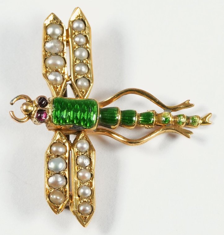 Ruby, pearl, enamel & 18K yellow gold dragonfly pin