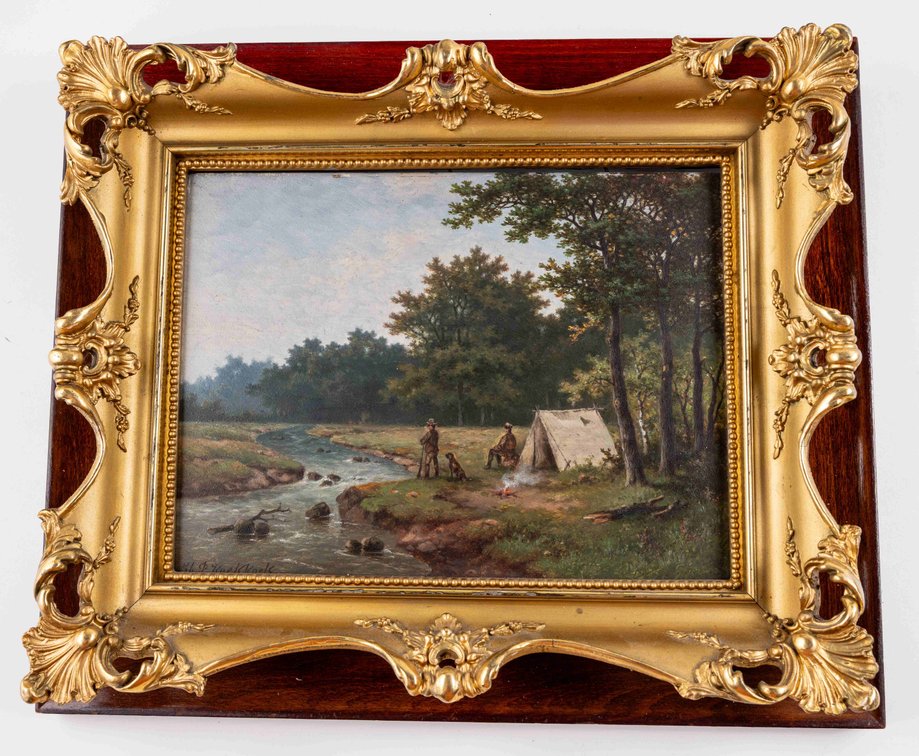 Pieter Hendrik Koekkoek, Dutch, oil painting on wood, hunting scene