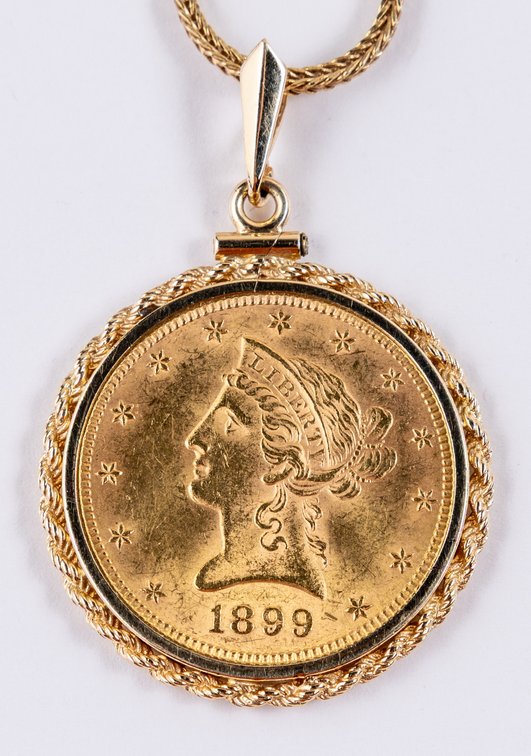 $10 Gold Liberty Head pendant on a 14K yellow gold chain